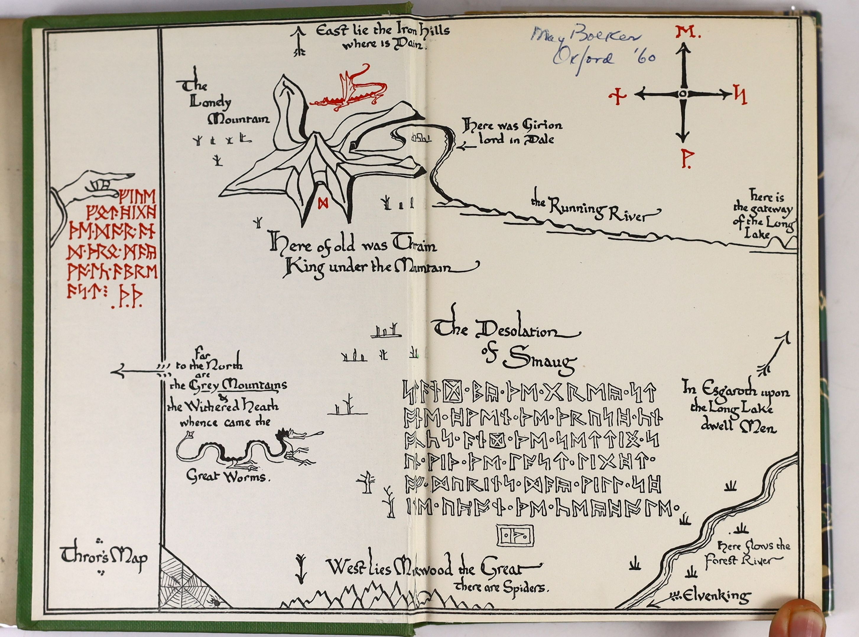 Tolkien, John Ronald Reuel - The Hobbit, 2nd edition, 11th impression, with colour frontispiece, map endpapers, original green cloth in unclipped d/j, with small loss to spine head and foot and a few edge tears, ownershi